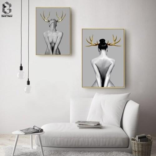 Modern Canvas Art Posters and Prints Nordic Wall Art Painting Antler Girl Portrait Picture Decorative for Living Room Home Decor