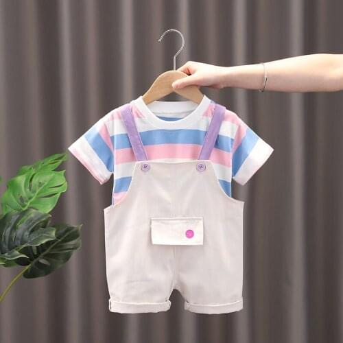 2021 Baby Boys Tracksuit Kids Short Sleeve Strips T-Shirt Bib Pants Overalls 2pcs/Set Children Clothing Infant Sport Formal Suit