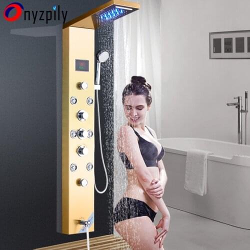 LED Light Shower Faucet Waterfall Rain Golden Shower Panel In Wall Shower System with Spa Massage Sprayer Bidet Head Handshower