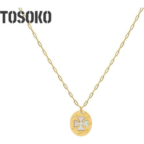 TOSOKO Stainless Steel Jewelry Flower Oval White Seashell Necklace Female Clavicle Chain BSP960
