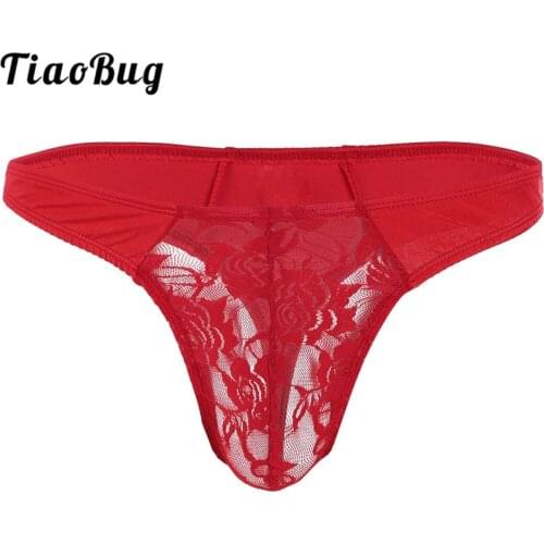 Hot Sexy Men Transparent Underpants Low Rise Lace Floral Bulge Pouch G-string Thongs Erotic Sissy Panties Male Gay Underwear