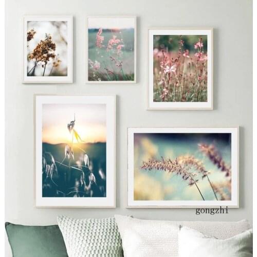 Spring Sunset Swaying Pink Flowers Nordic Posters Wall Art Canvas Painting and Prints Pictures for Living Room Home Decoration