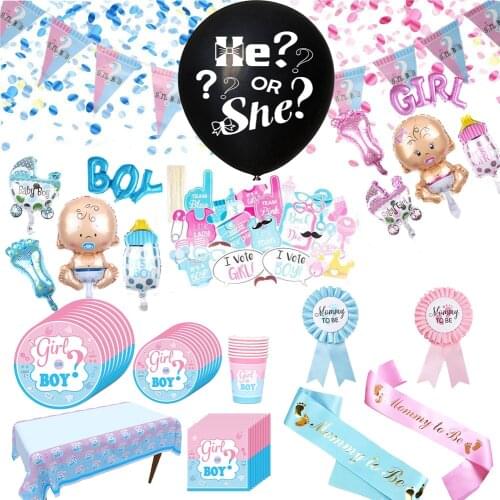 Gender Reveal Theme Decoration Accessories Girl Or Boy Foil Balloon Christening Disposable Tableware Baby Shower Party Supplies