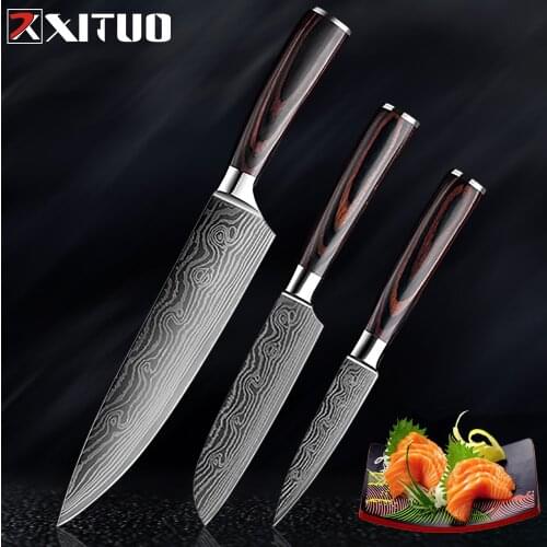 XITUO 3PCS Messenset Kitchen Cooking Tools 8"5"3.5" Pakka Wood Damascus Steel Japanese Chef Cleaver Utility Paring Knives