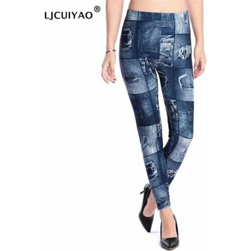 LJCUIYAO Imitation Denim Hole Leggings Women High Waist Push Up Leggings Fitness Leggins Workout Legging Womens Casual Jeggings