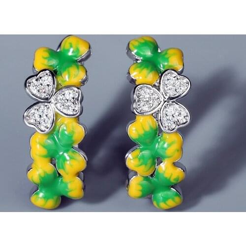 Trendy Elegant Enamel Zircon Stone Earrings for Women Luxury 925 Silver Crystal Inlay Clover Flower Stud Earring Fine Jewelry