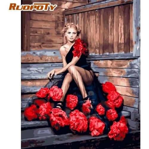 RUOPOTY Woman Black Dress With Rose Painting By Numbers Kits For Adults Handmade Unique Gift 40x50cm Frame Home Decor Art