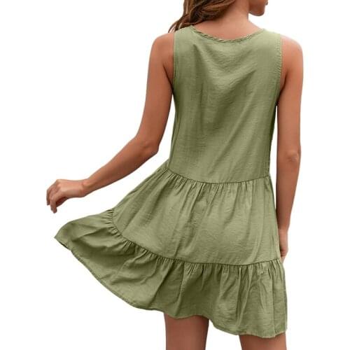 Summer Sleeveless Ruffled Round Neck Dress Women Elegant Waist Simple Stitching Casual Dress Pure Color Loose