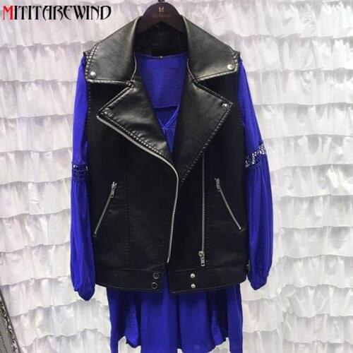 New PU Leather Vest Women Fashion Turn Down Collar Casual Loose Sleeveless Jacket Women Moto&biker Black Leather Waistcoat Femme