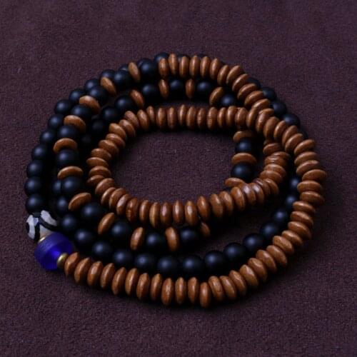 Black natural stone bead with wood bead bracelet Yoga meditation bracelet for men women jewelry