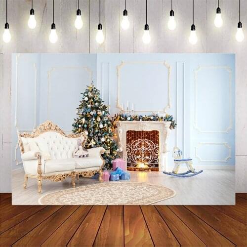 Photography backdrop christmas fireplace photo background blue wall sofa christmas tree background for photo studio