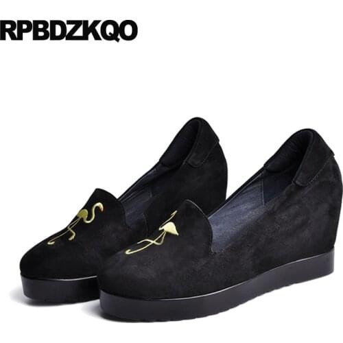 Round Toe Size 33 Hidden Pumps Embroidered Wedge Ladies High Heels Shoes Elegant Office 2018 4 34 Black Suede 3 Inch Wine Red