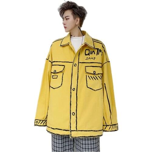 Tide Brand Hand Painted Graffiti Yellow Black Denim Clothes Jacket Men Street Trendy Handsome Casual Loose Coats