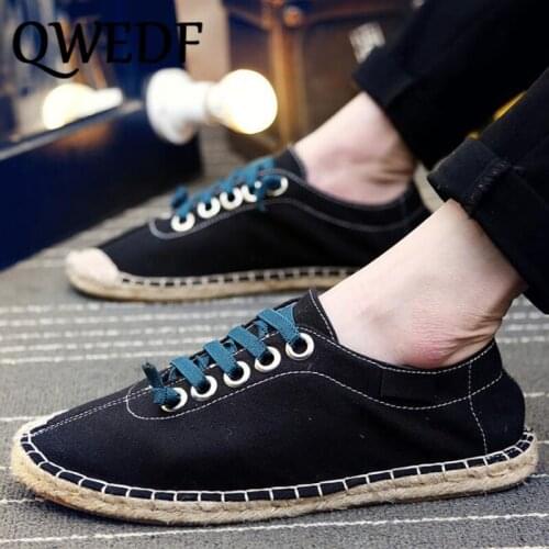 QWEDF Fashion summer Boy men Espadrille Flats Shoes Black White Bule male casual Canvas Hemp Insole Fisherman Light Shoes MJ-35