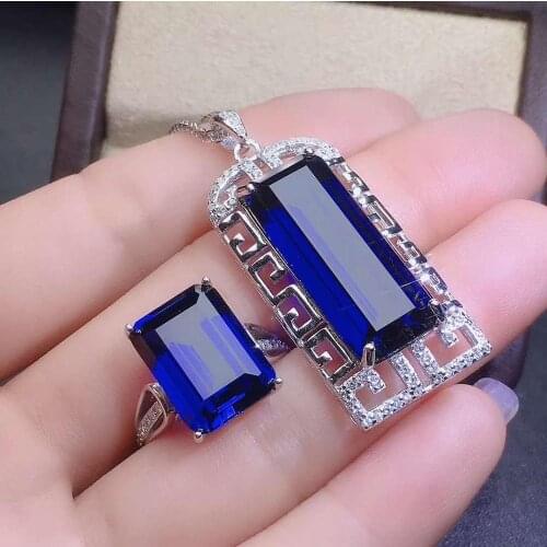 Real Natural Sapphire jewelry set Natural Real Sapphire 925 sterling silver 1pc pendant,1pc ring