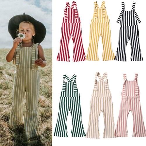 2020 New Toddler Kids Baby Girls Clothes Sleeveless Stripe Romper Jumpsuit Flare Long Pants Overalls Summer Fall Kids Clothing