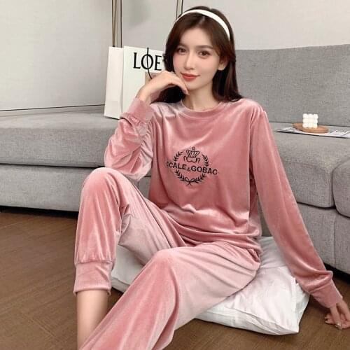 Round neck long-sleeved pajamas womens gold velvet thick trousers elastic waistband casual wearable home service suit pajamas