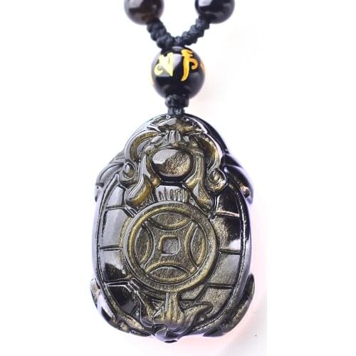 Drop Ship Jade Jewelry Gold Obsidian Dragon Turtle Necklace Pendant Hand Carved Tortoise with Gold Chain Lucky Amulet Pendant