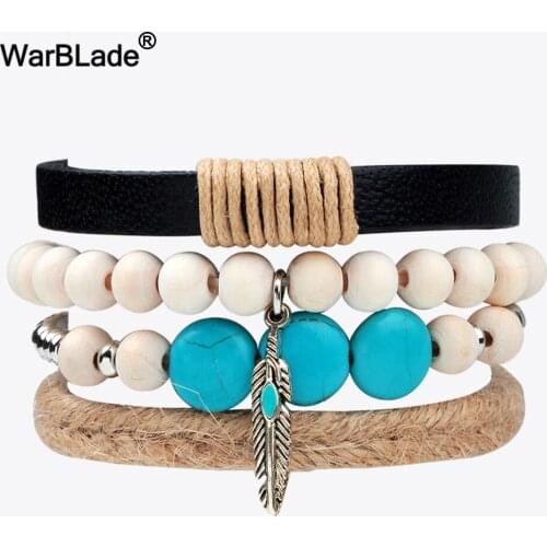 WarBLade Vintage Multilayer Leather Braided Bracelets Feather Wood Beads Bracelet Bangle Women Wrap Wristband For Men Jewelry