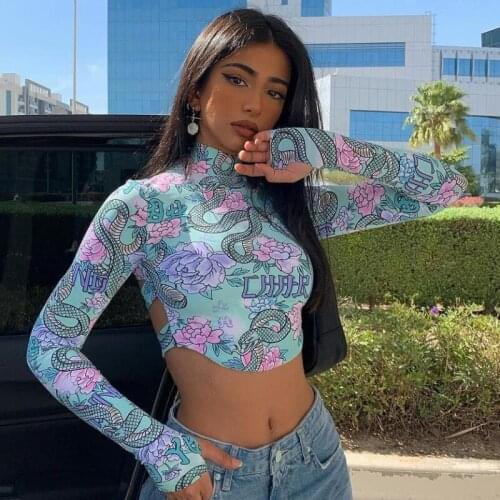 Fashion Print Slim Long Sleeve Stand Collar Women T-shirt Backless Midriff Summer Short Tops Bottom Personality Ladies T-shirts