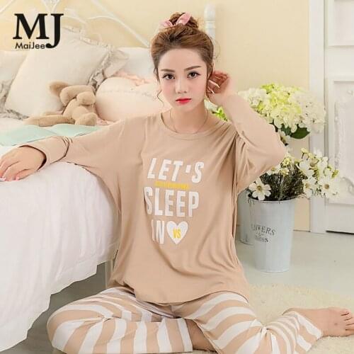 Maijee 2017 Autumn Khaki Stripe Female Pajamas For Women Print Cute Loose Sleepwear Girl Pyjamas Women Nightgown Sleepwear