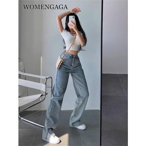 WOMENGAGA 2021 New High Waist Slim Straight Leg Floor Pulling Split Jeans Pants Denim Trousers Korean Women Pants OOZ4
