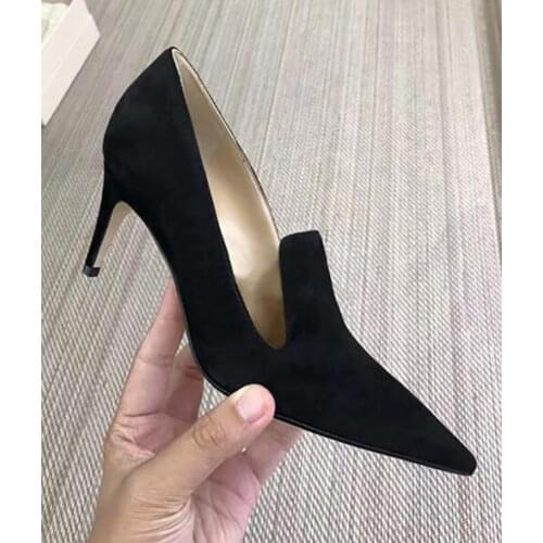 Moraima Snc Fashion Pointed Toe Woman Shoes Black Suede Thin Heels Pumps Sexy Stiletto Heels Party Shoes Wine Red