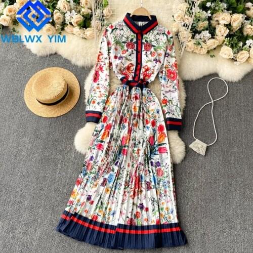 Spring Autumn Dress Women Single Breasted Lapel Fashion Floral Print Pleated Long Dress Ladies Casual High Waist Maix Dresses