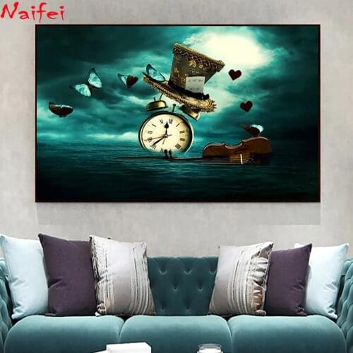 DIY Diamond Painting Color Clock Violin Butterfly Hat At Sea 5D Full Square Round Diamond Embroidery Rhinestone Landscape Docor