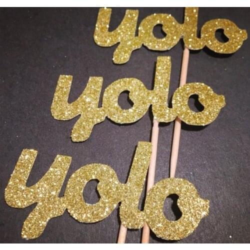 Antique gold Yolo Glitter Cupcake Toppers birthday Wedding Bridal baby Shower Engagement Party Bachelorette toothpicks