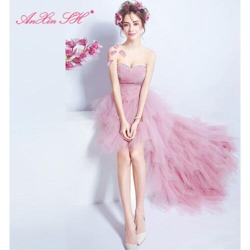 AXJFU Pink Bra short in front long section of the bride evening dress princess pink lace beading pearls evening dress 2452