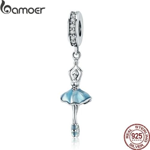 BAMOER Popular Genuine 925 Sterling Silver Ballet Girl Ballet Angel Pendant Charm fit Women Charm Bracelet DIY Jewelry SCC514