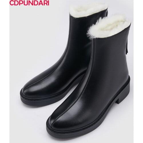 Buckle Genuine Leather Platform Wool Snow Boots Women Med Heels Ankle Short Boots Winter Shoes Botas De Nieve Mujer Invierno
