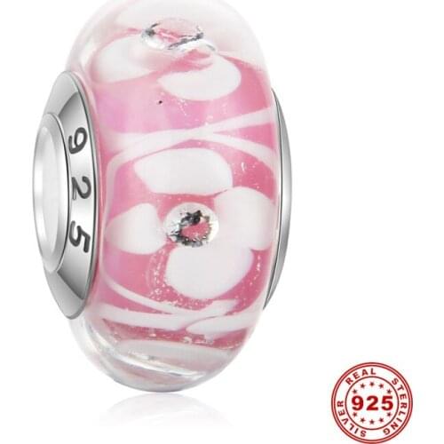 5pcs/lot Authentic 925 Sterling Silver Core Pink Flower Murano Lampwork Glass Beads Fit European Charm Bracelet Necklace DSG15
