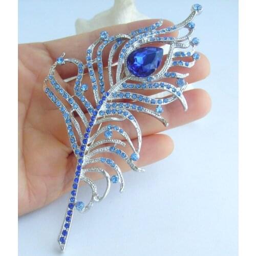 Elegant 4.92" Blue Rhinestone Crystal Peacock Feather Brooch Pin Pendant EE05860C8