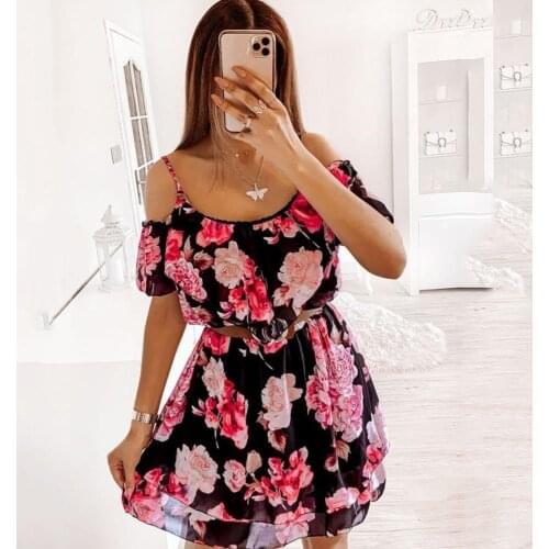 Summer Womens Dresses Sexy Sling One Neck Fashion Printing Card Shoulder Sleeves Mid Waist Lace Up Short Sleeve Midi Skirt 2021