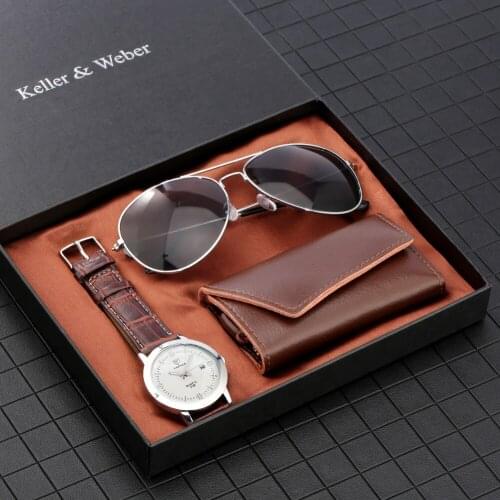 Mens Brown Watch Gift Set Quartz White White Minimalist Dial Watches Leather Key Wallet Male Sunglasses Practical Gifts with Box