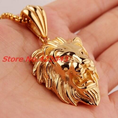 Charming Lion Head Casting Yellow Gold Tone Pendant Necklace For Mens Boys Stainless Steel Male Jewelry Friendship Gift