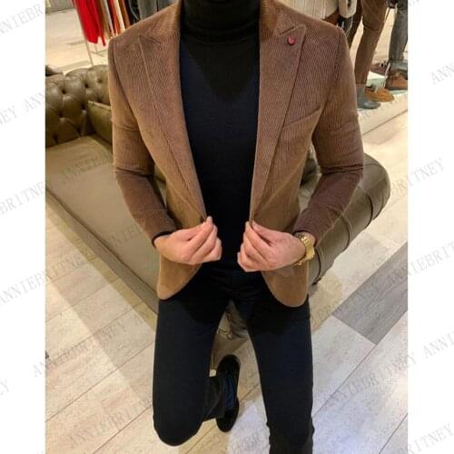2020 Brown Corduroy Men Blazer Slim Fit Man Self-cultivation Leisure Tide Jacket Hombre Business Suit Tailored Mans Suit Coat
