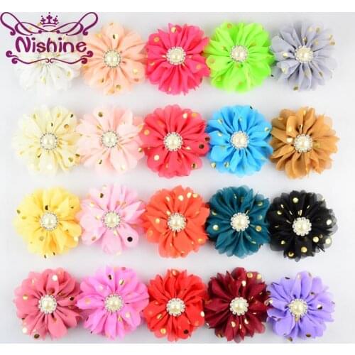 Nishine 20pcs/lot 3.2" Kids Gold Dots Chiffon Flowers With Pearl Alloy Center Flowers For Girls Headband Clips Diy Headwear