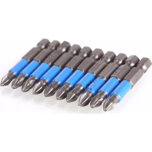 New Arrival 10PCS/Set Blue 50mm PH2 Anti Slip Electric Screwdriver Bits Single Side Magnetic Hex Shank Working Tools #232269