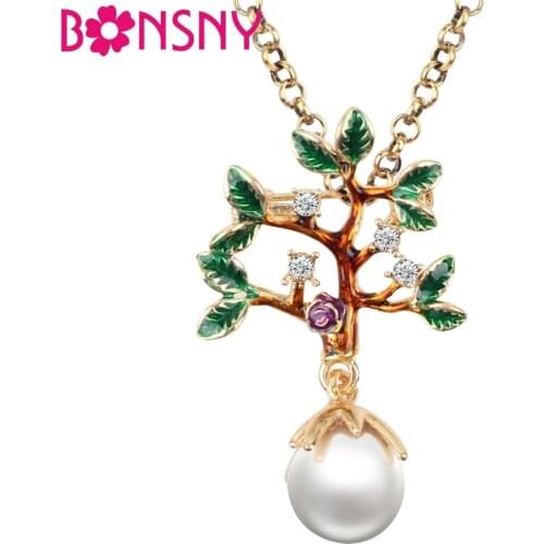 Bonsny Enamel Rhinestone Pearl Tree Flower Leaf Necklace Pendant Natural Plant Choker Crystal Alloy Jewelry For Women Girls Bulk