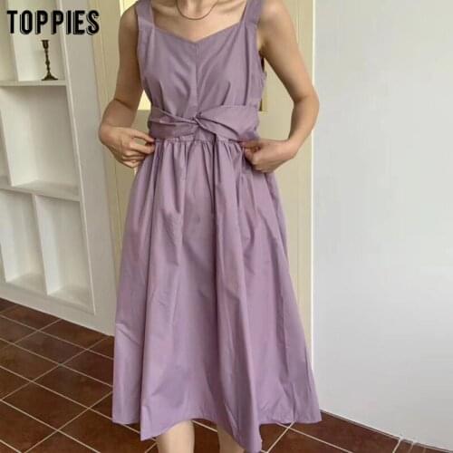 Toppies summer sleeveless tank dress solid color midi dress women round neck knot waist chic vestidos korean fashion 2020