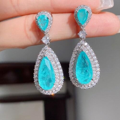 Megin D White Gold Luxury Full Zircon Drop Stone Paraiba Toumaline Vintage Boho Stud Piercing Earrings for Women Wedding Jewelry