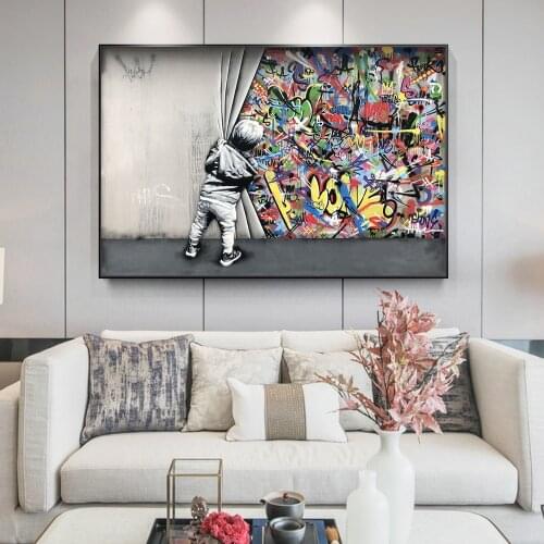 Modern Street Art Pictures Kids Lover Behind The Curtain Graffiti Art Painitngs on the Wall Art Posters and Prints Home Decor