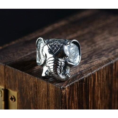 Thailand Buddha Elephant Nose Ring 925 Sterling Silver color Retro Elephant Zircon Open Men Rings Ring Thai Silver color Jewelry
