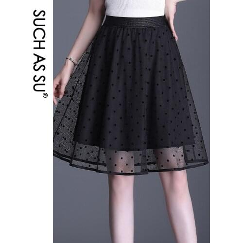 SUCH AS SU Korean Fashion Gauze WomenS Summer Y2K Lady Skirts 2021 Black Dot High Waist Skirt Pleated Knee-Length Skirt Female