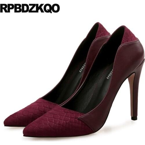Ladies low heels shoes extreme big size snakeskin pointed toe vintage 12 44 10 42 wine red high ultra kitten pumps super 8cm