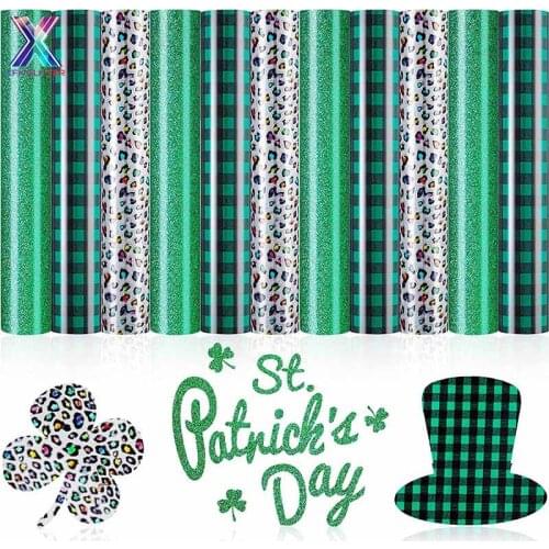 XINFANGXIU 11 Sheets12x10 Inch Green Glitter Heat Transfer Vinyl HTV Cricut Vinyl Leopard Iron on Vinyl for T-Shirts Heat Vinyl