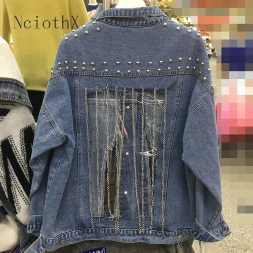 Pearl Beading Short Denim Jackets Women Wash Long Sleeve Vintage Casual Hollow out Jean Jacket Denim Coat Women Coat Plus Size